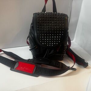 Christian Louboutin Black Leather Studded Mini Backpack with Red Strap Accents